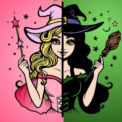 half realistic good witch and the good witch is holing a wand and and half bad witch