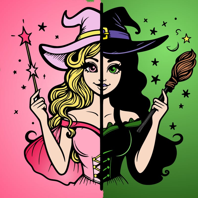 half realistic good witch and the good witch is holing a wand and and half bad witch
