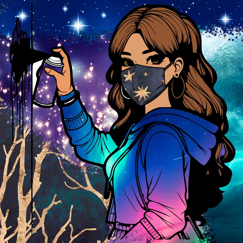 realistic girl with mask spray painting a wall