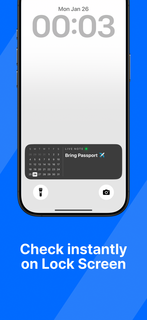 LiveNote: Note on Lock Screen - An iPhone lock screen showing a LiveNote widget with a calendar and a reminder note that says Bring Passport.