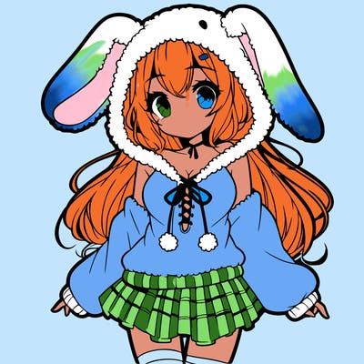 pretty anime girl wearing a fluffy hoodie with bunny ears on the hood and a skirt