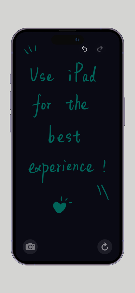 iBoard - Digital Blackboard - Minimalist digital blackboard interface with teal handwriting on a dark background recommending iPad use