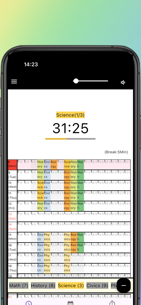 A study timer interface for a science session with a color-coded weekly academic schedule below it.
