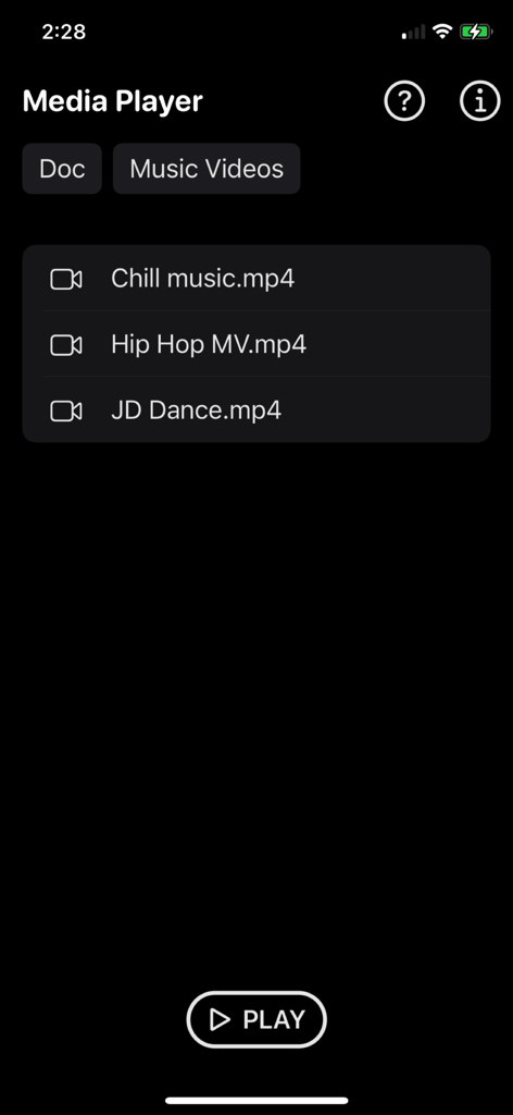 Media Player Plus - Media Player Plus app interface showing a list of local mp4 video files in dark mode.