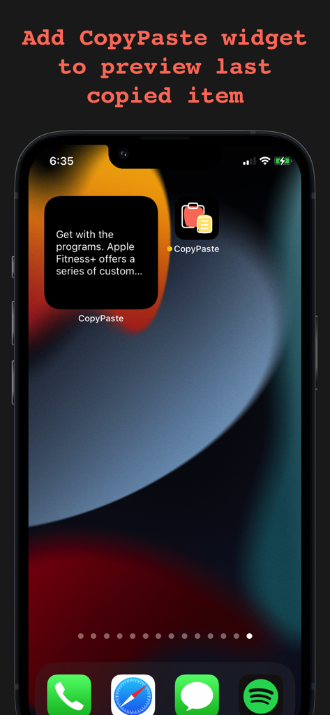 Ditto Pasteboard - A preview of the Ditto Pasteboard widget on an iPhone home screen showing the most recently copied text
