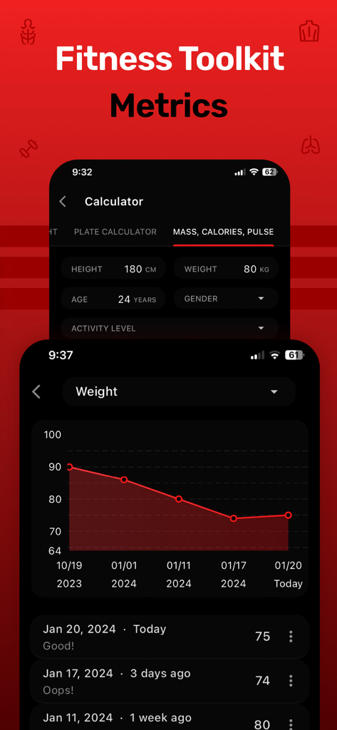 Gym Tracker - Workout Log Pro - Gym Tracker app showing a weight progress chart and a body metrics calculator for mass and calories.