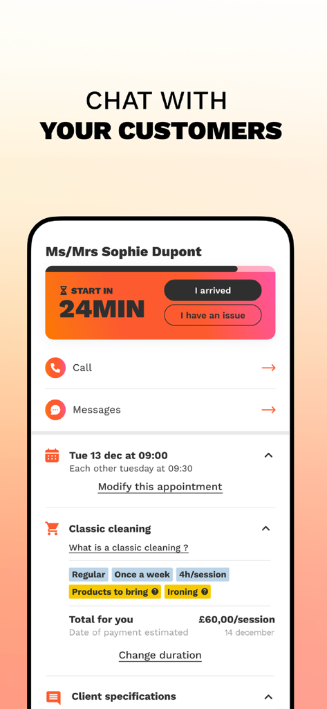 Interface of the Wecasa Pro app showing appointment details and communication options with a customer