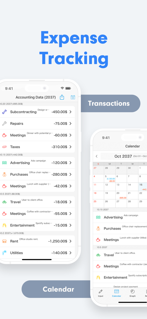 Small Biz Budget - Accounting - Captures d'écran de l'application Small Biz Budget Accounting montrant la liste de l'historique des transactions et le calendrier mensuel pour le suivi des dépenses