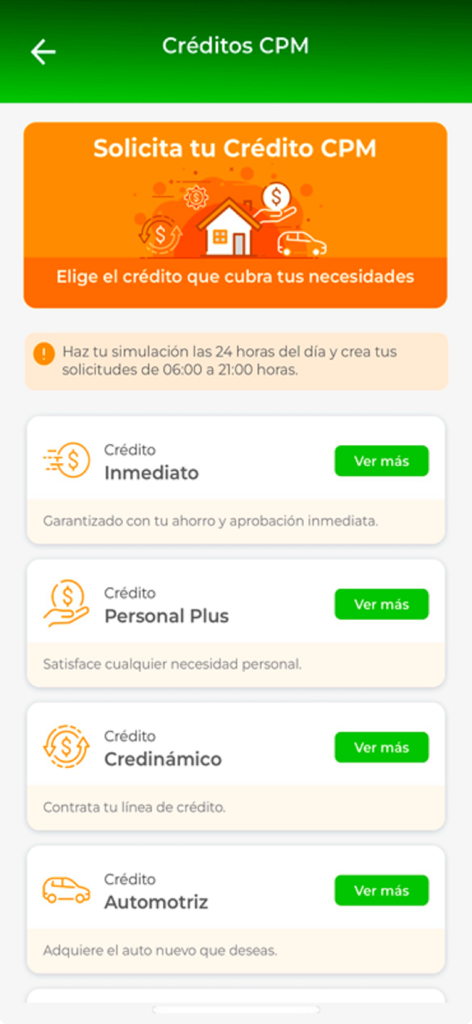Lista de varias opciones de crédito y préstamos disponibles en la app CPM Movil Plus