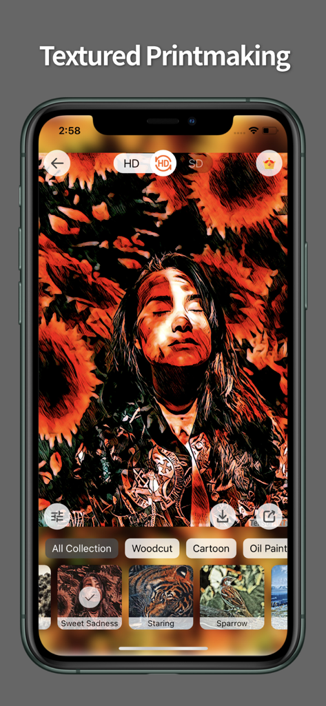 TensorArt - AI photo Editor - TensorArt App-Oberfläche, die ein Porträt mit einem texturierten Holzschnitt-Druckfilter zeigt
