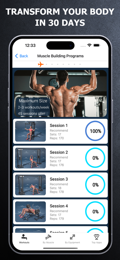 Gym Workout - Muscle Building - Screenshot of the Gym Workout app showing a muscle building program with session lists and progress trackers