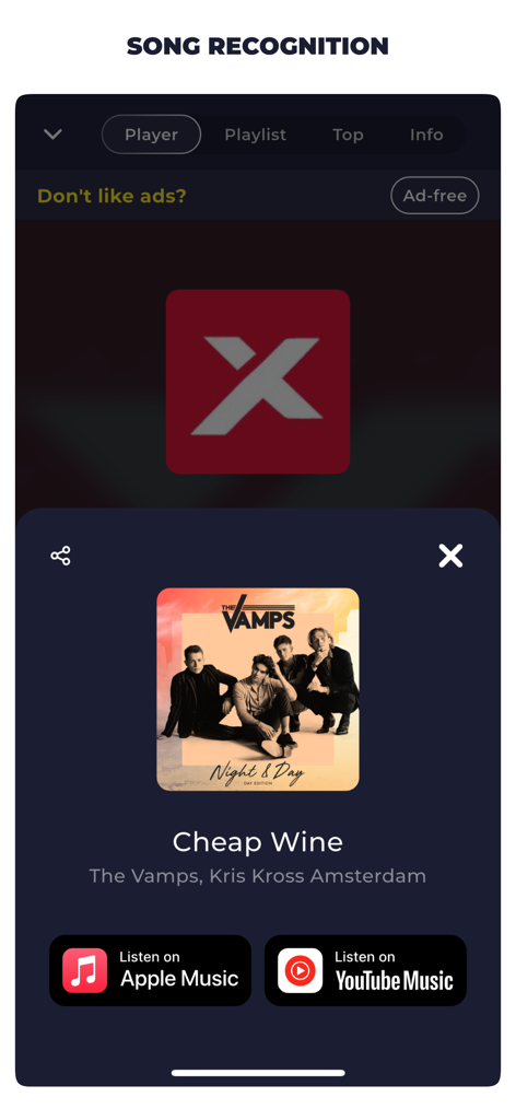 Song recognition screen in the Radio Slovakia FM app identifying a track with links to Apple Music and YouTube Music
