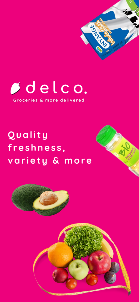 delco: Grocery, Food & More - Pantalla de la aplicación de entrega de comestibles de Delco que muestra productos frescos y leche con garantía de calidad