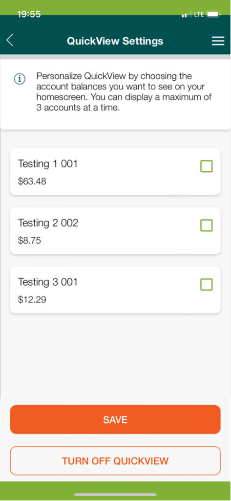 PHT Mobile - QuickView settings screen in the PHT Mobile app for selecting account balances to display on the homescreen.