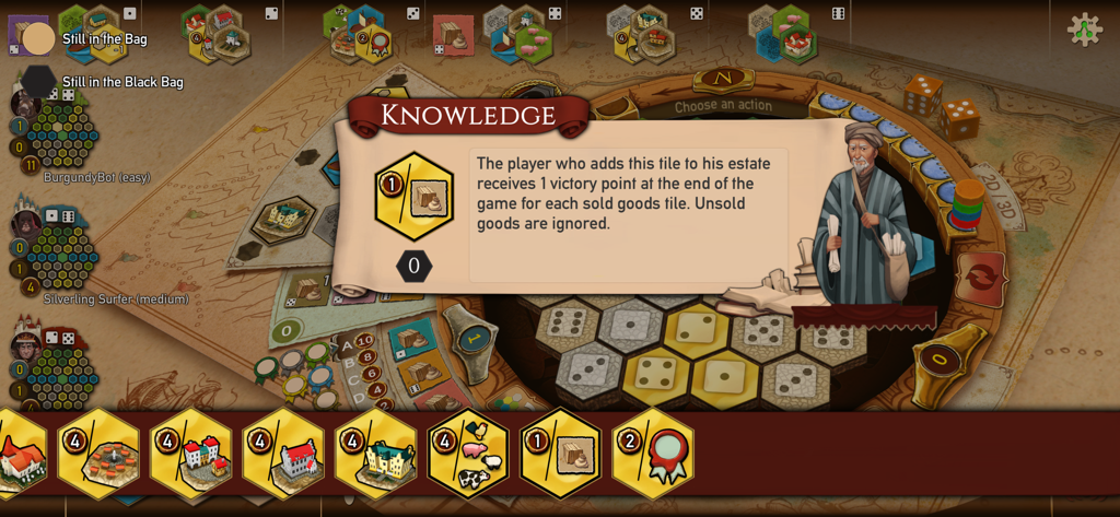 Popup in-game che spiega una tessera conoscenza nell'app mobile The Castles of Burgundy.