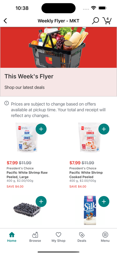 La section des dépliants hebdomadaires de l'application PC Express montrant des produits d'épicerie à prix réduit comme des crevettes et du lait d'amande.