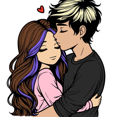 a realistic couple boy and girl hugging and kissing
