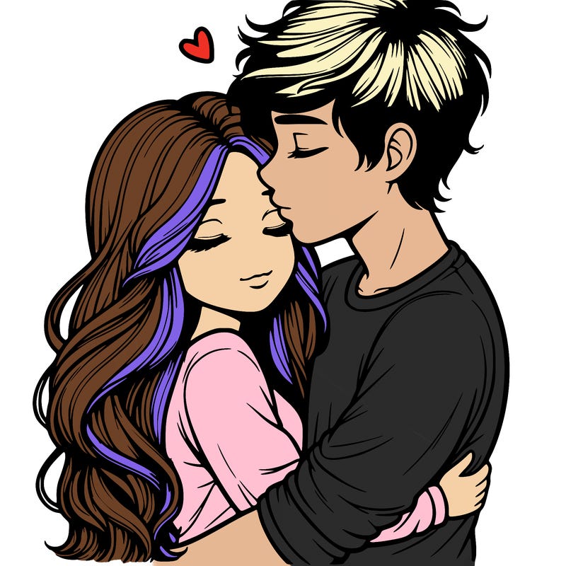 a realistic couple boy and girl hugging and kissing