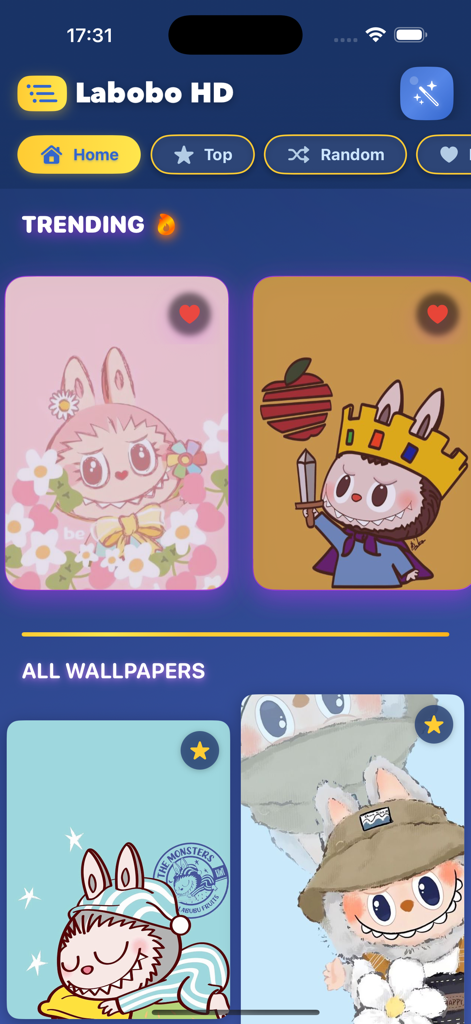 Labobo Wallpapers HD & 4K - Screenshot of the Labobo Wallpapers app interface showing trending kawaii character wallpapers and category navigation