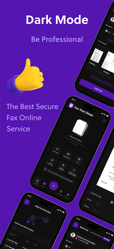 FAX ® - Interface do aplicativo Fax That Sheet destacando o modo escuro e os serviços profissionais de fax móvel