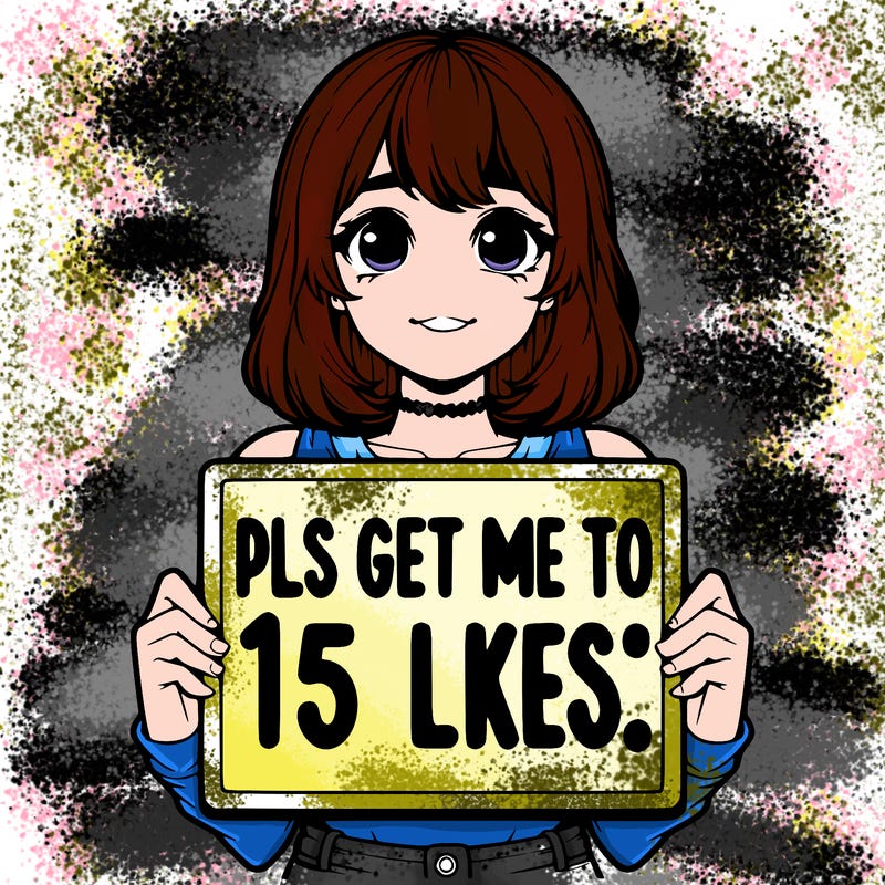 realistic girl holding up a sign that says “pls get me to 15 likes!”