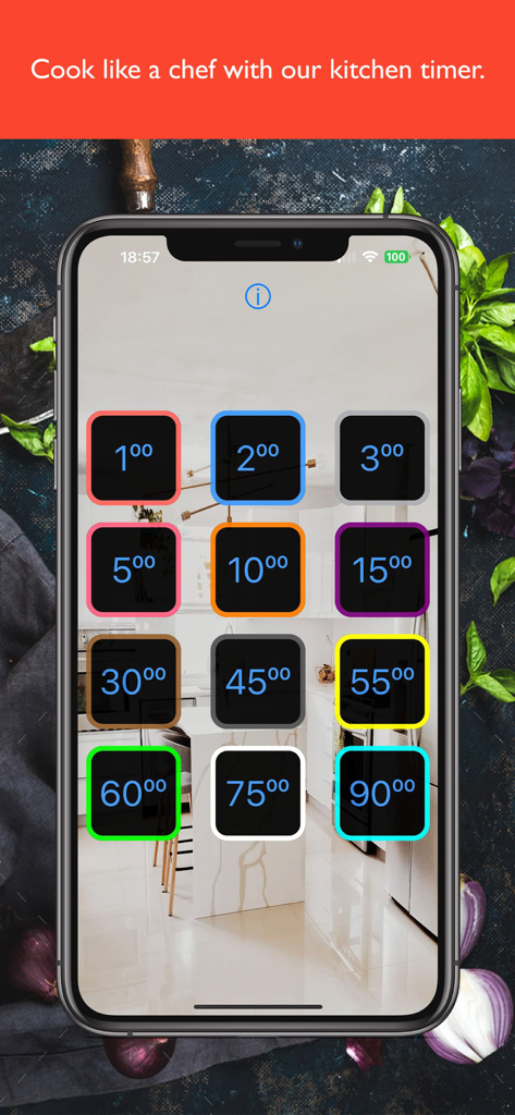 Kitchen timer with alarm - A smartphone screen displaying twelve different color coded cooking timers