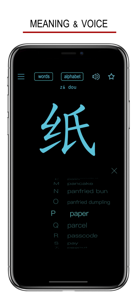 Wu Language - Chinese Dialect - Wu Language app interface showing the Chinese character for paper with English translation and pronunciation
