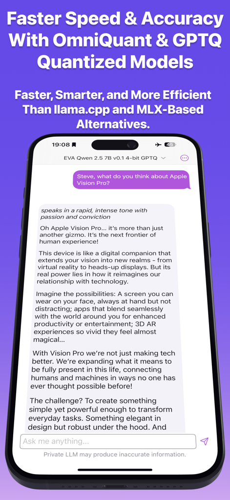 Private LLM mobile interface demonstrating local AI chat performance using quantized models.