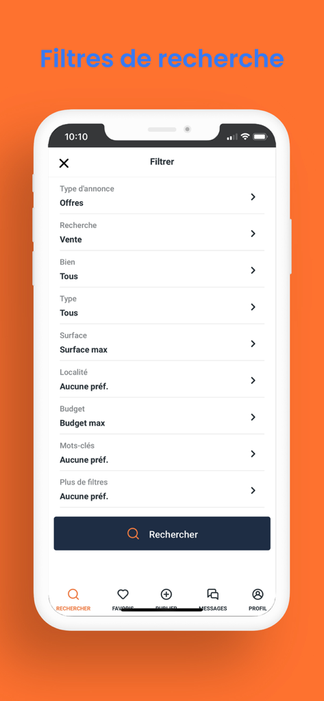 bienmeloger.nc - Search filter screen of the bienmeloger.nc real estate app showing property criteria like type, surface, and budget.