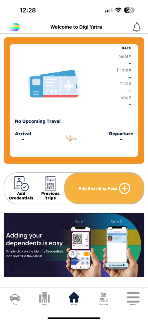 Digi Yatra - Home screen of the Digi Yatra app showing travel credentials and boarding pass options.