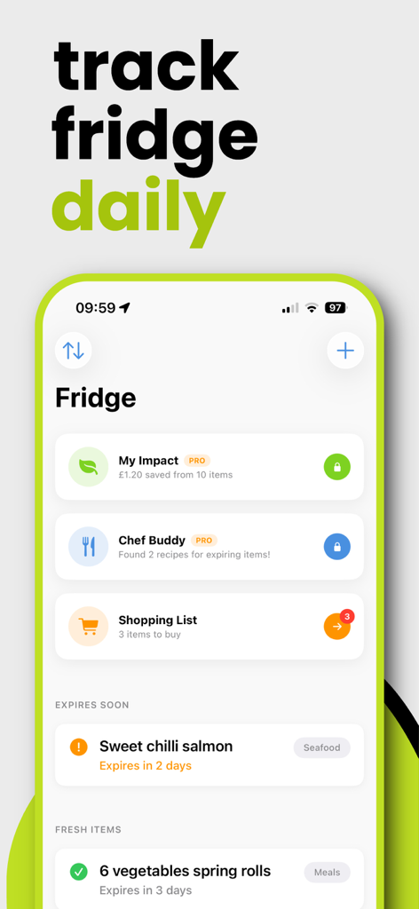 Pantry Buddy - Less Food Waste - Pantry Buddy 앱 대시보드에 유통기한 알림 및 레시피 제안이 포함된 냉장고 재고가 표시됨