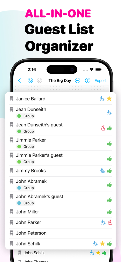 Wedding Seating Chart Planner - A smartphone screen showing the all in one guest list organizer for a wedding with attendee names and status icons