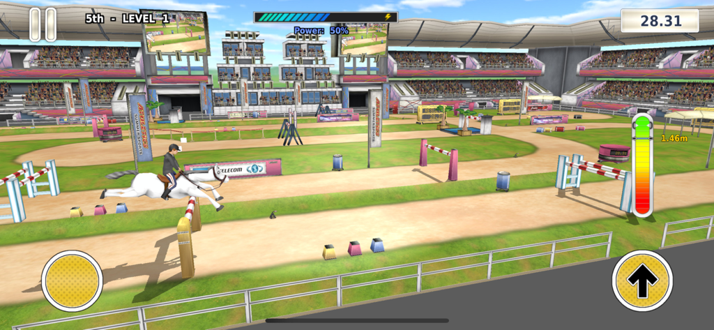 Athletics 3: Summer Sports - Un caballo blanco y un jinete saltando un obstáculo en una prueba de salto ecuestre 3D.