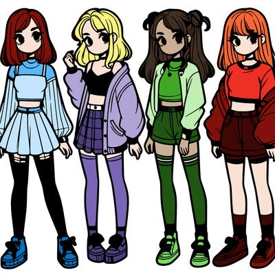one girl with crop-top shirt and a jacket with a skirt, long socks and another girl with a shirt and pants with a jacket