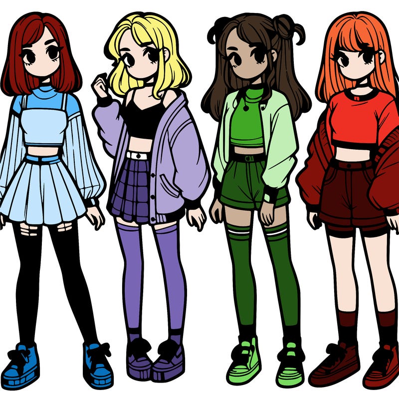 one girl with crop-top shirt and a jacket with a skirt, long socks and another girl with a shirt and pants with a jacket