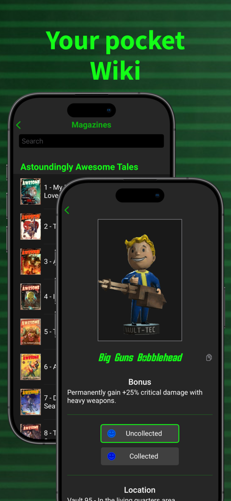 Screenshot of the Fallout companion app showing magazine collections and details for the Big Guns Bobblehead collectible.