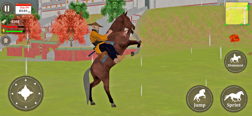 Samurai Warrior Fighting Games - A samurai warrior riding a rearing brown horse in an open world Japanese setting.