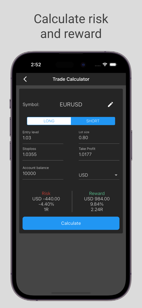 FX Journal - Trading Journal - FX Journal app trade calculator screen calculating risk and reward for a EURUSD position.