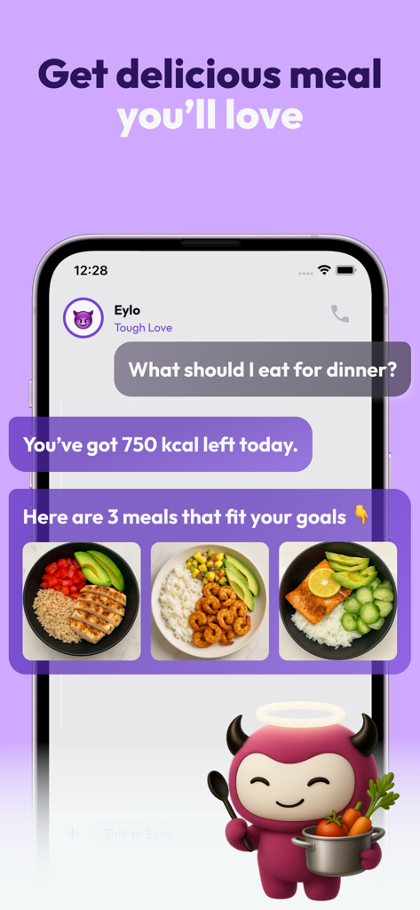 Interface of Eylo app showing AI coach recommending healthy meals based on remaining daily calories.