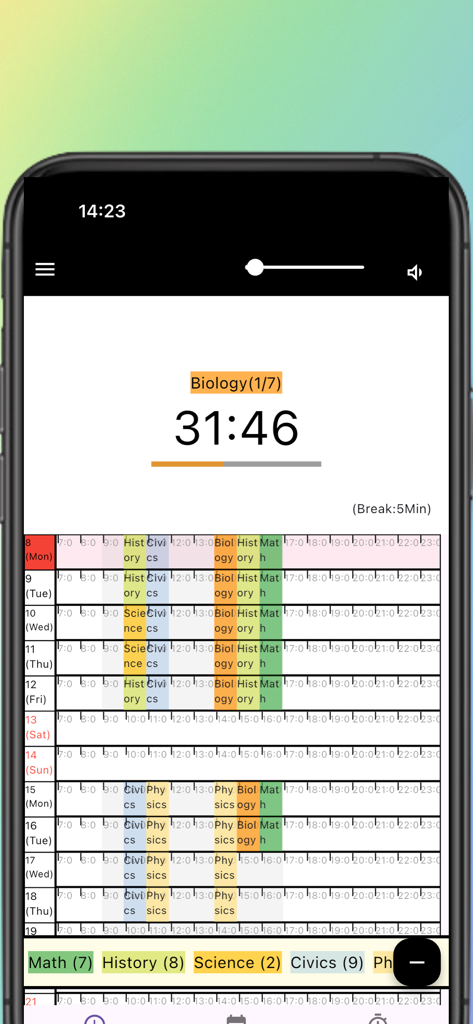 Interface of the Study Plan Maker app showing a biology study timer and a color-coded weekly schedule for various subjects