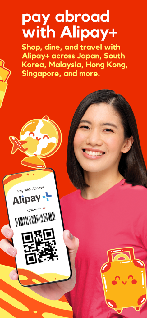 HelloMoney by AUB - HelloMoney 앱을 통해 해외 결제를 위한 Alipay 플러스 QR 코드를 표시하는 스마트폰을 들고 있는 여성