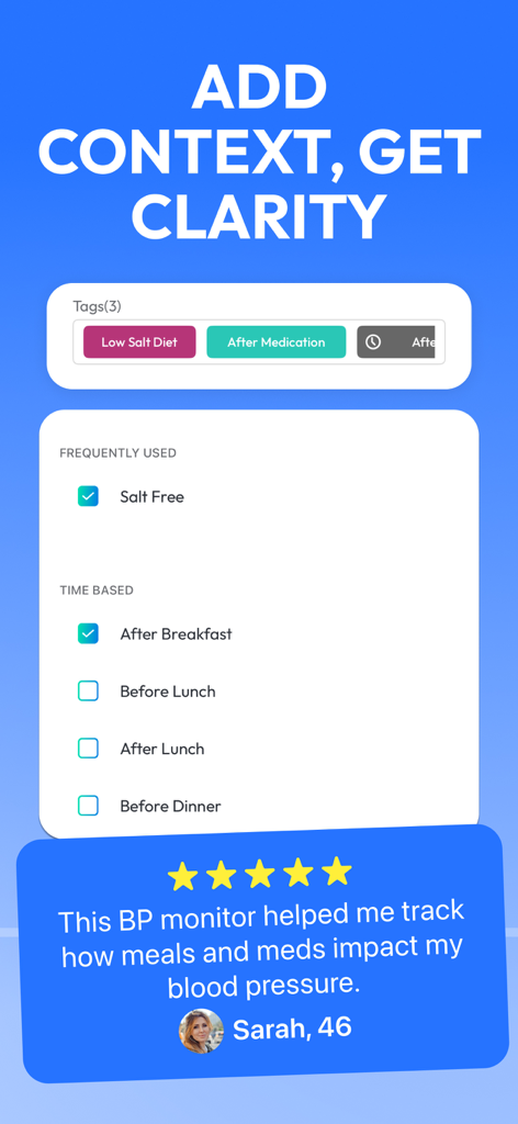 SmartBP app interface showing tags for blood pressure logs including diet and medication timing