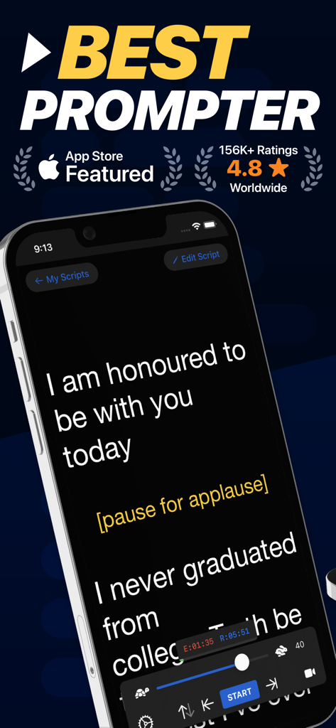Teleprompter - Teleprompter app interface on iPhone displaying a script for public speaking with scrolling and speed controls.