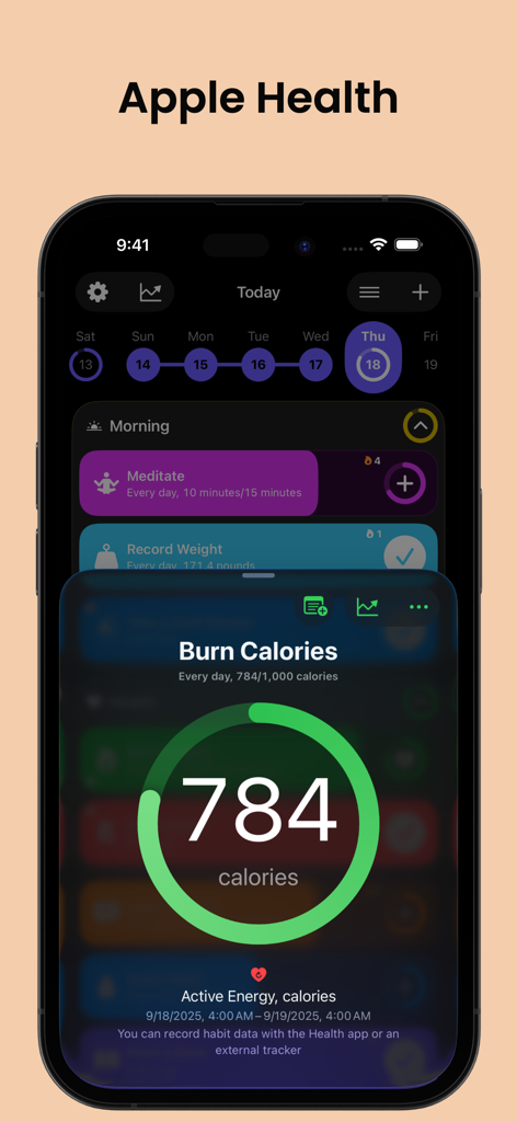 Grit habit tracker interface showing calorie progress and Apple Health integration