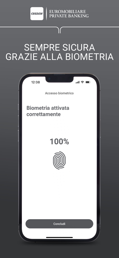 Credem Euromobiliare PB - Schermata di configurazione dell'autenticazione biometrica per l'app Credem Euromobiliare Private Banking che mostra l'attivazione riuscita