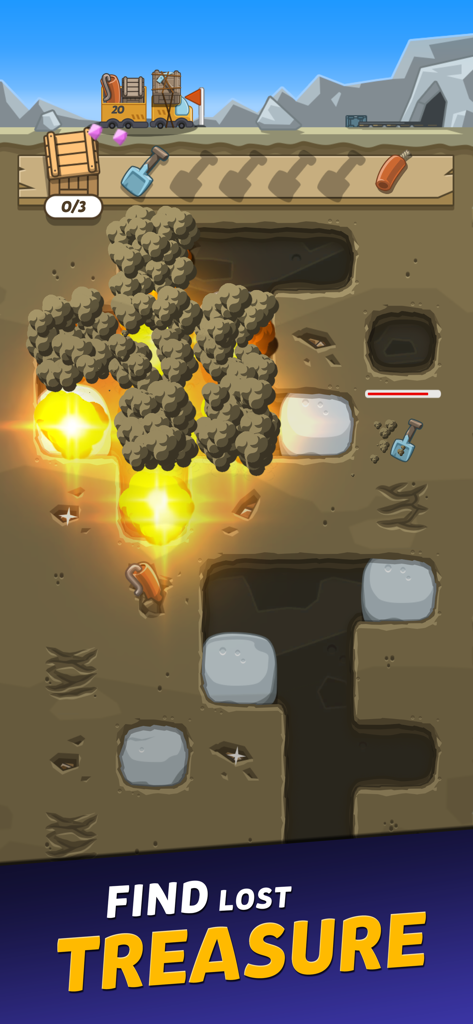 Crazy Dino Park - Captura de pantalla del juego Crazy Dino Park mostrando una expedición de excavación con explosiones para encontrar fósiles ocultos y tesoros perdidos.