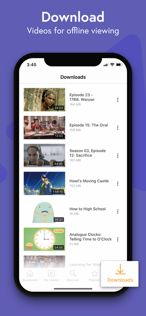 ClickView app screen showing a list of educational videos downloaded for offline viewing