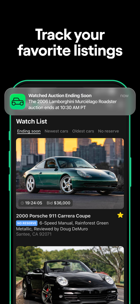 Cars & Bids Auctions - Cars and Bids mobile app screen showing a car auction watch list and a push notification for a Lamborghini auction