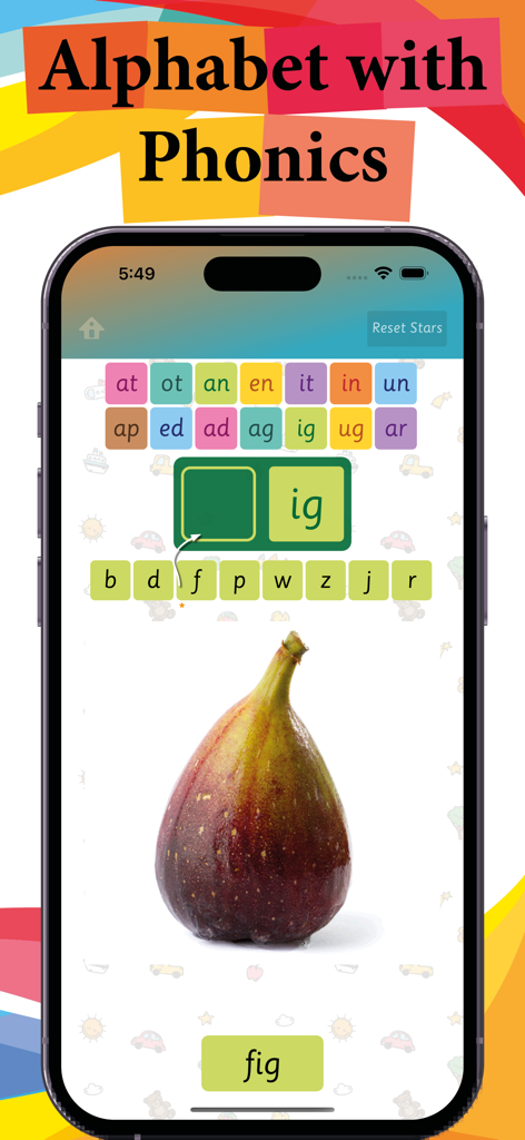 Screenshot der App 3-Buchstaben-CVC-Wörter bilden, die eine phonikbasierte Aktivität zum Bilden des Wortes Feige zeigt