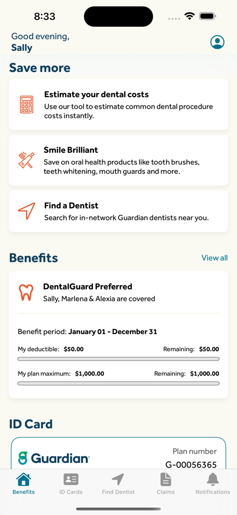 Guardian Dental and Vision app dashboard showing dental benefits and deductible status